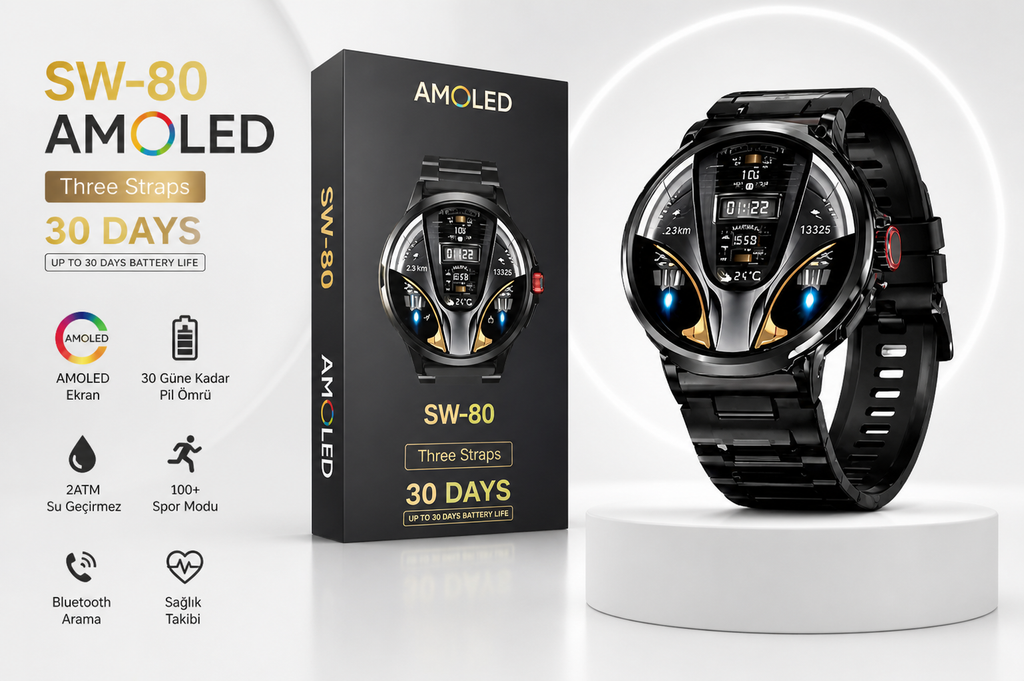 AMOLED Akıllı Saat – 3 Kordon, 30 Gün Pil Ömrü