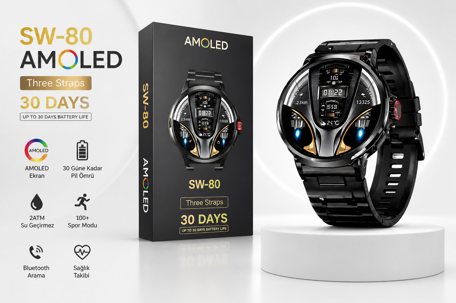 AMOLED Akıllı Saat – 3 Kordon, 30 Gün Pil Ömrü