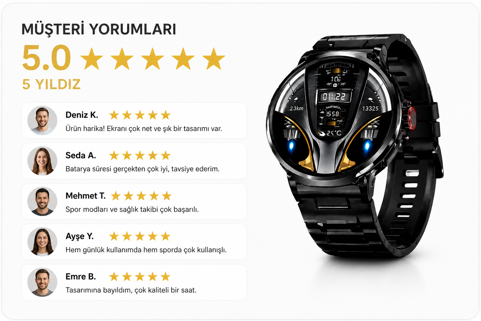 AMOLED Akıllı Saat – 3 Kordon, 30 Gün Pil Ömrü